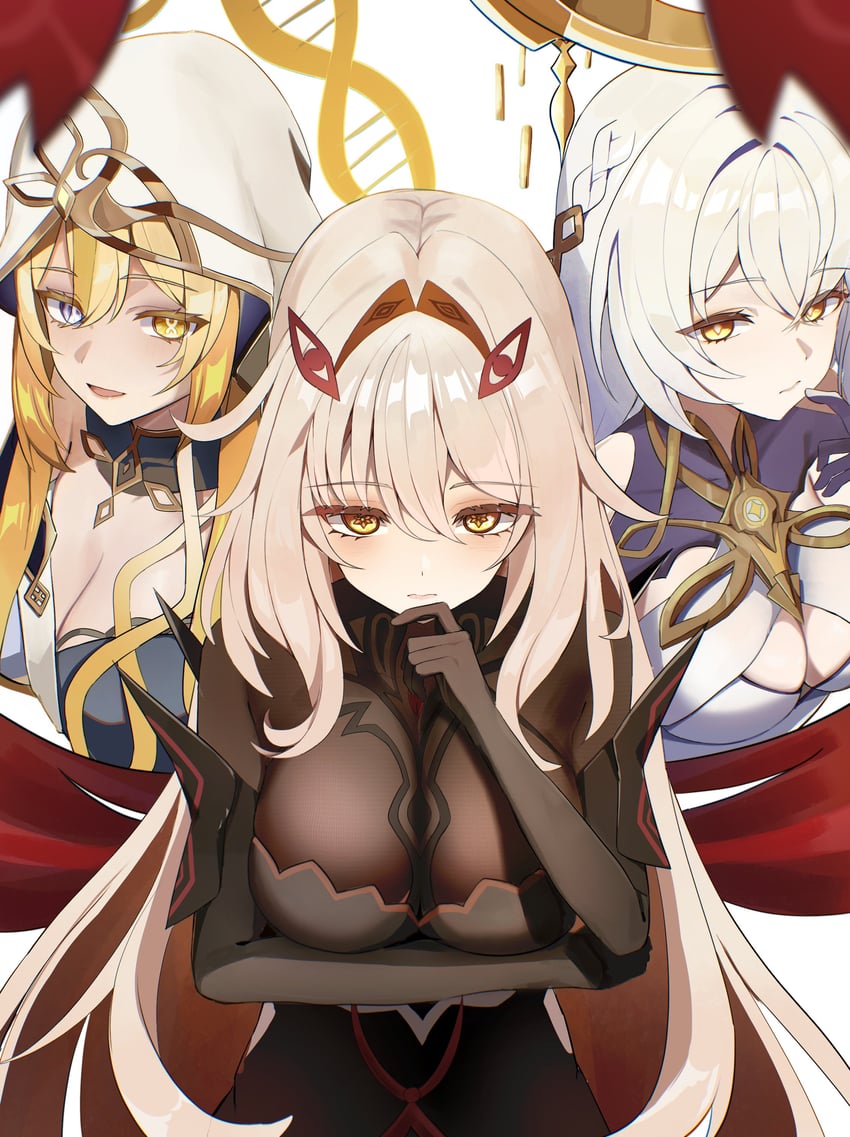 ronova, istaroth, and rhinedottir (genshin impact) drawn by ekaki_hagoromo