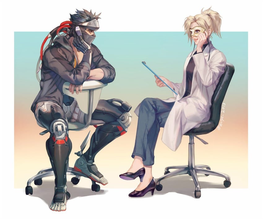 mercy, genji, blackwatch genji, and dr. ziegler (overwatch and 1 more) drawn by hage2013