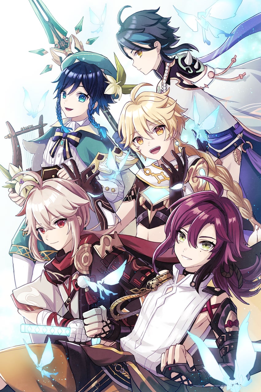 aether, venti, xiao, kaedehara kazuha, crystalfly, and 1 more (genshin impact) drawn by su34ma