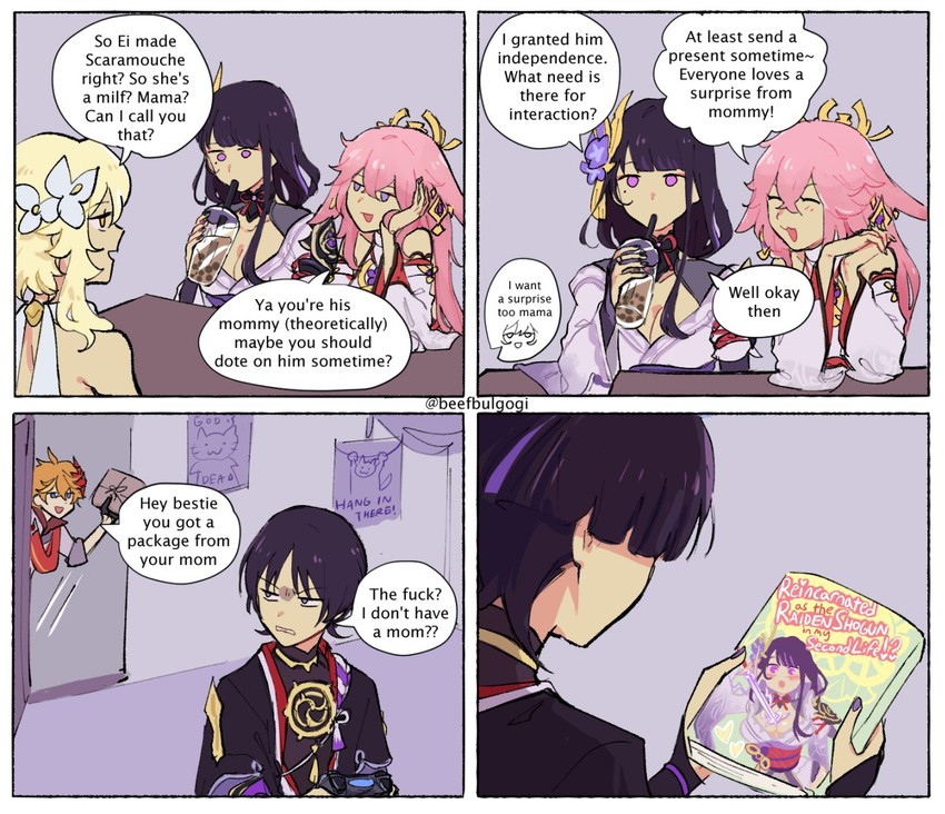 lumine, raiden shogun, scaramouche, yae miko, and tartaglia (genshin impact) drawn by tofucakes