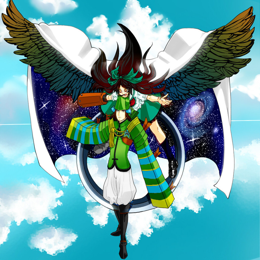 reiuji utsuho and mouri motonari (touhou and 2 more) drawn by taki-utugi