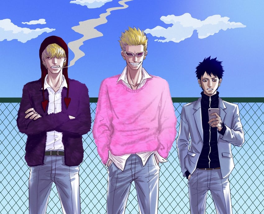 trafalgar law, donquixote doflamingo, and donquixote rocinante (one piece) drawn by darth_niyard