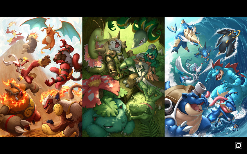 charizard, venusaur, greninja, primarina, blaziken, and 16 more (pokemon) drawn by kuroi-tsuki