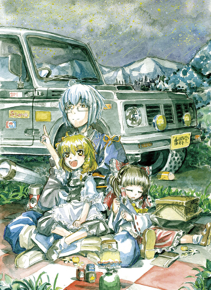 hakurei reimu, kirisame marisa, morichika rinnosuke, and justaway (touhou and 2 more) drawn by master_(4th)