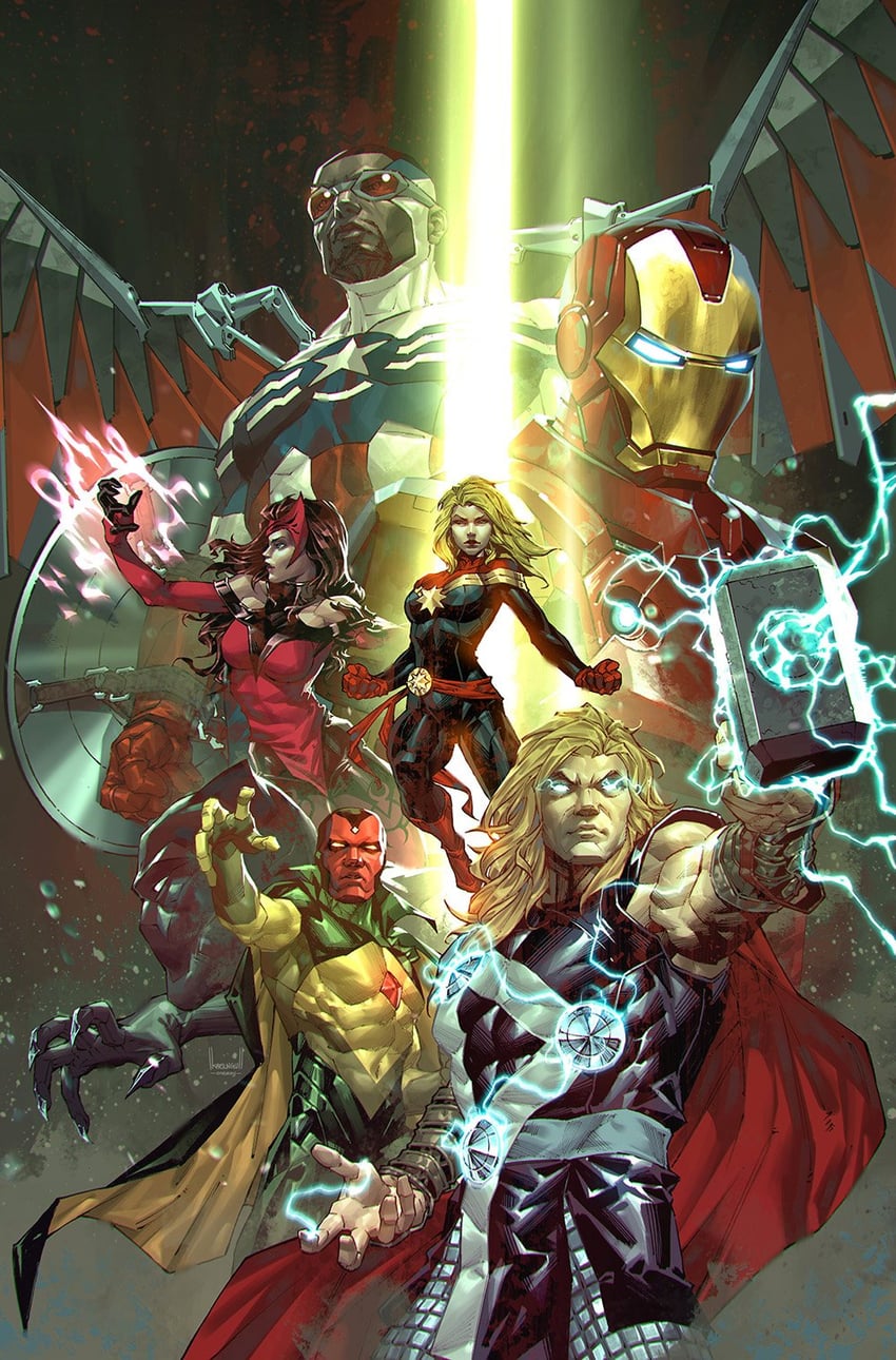 captain america, iron man, thor, wanda maximoff, scarlet witch, and 4 more (marvel and 2 more) drawn by kael_ngu