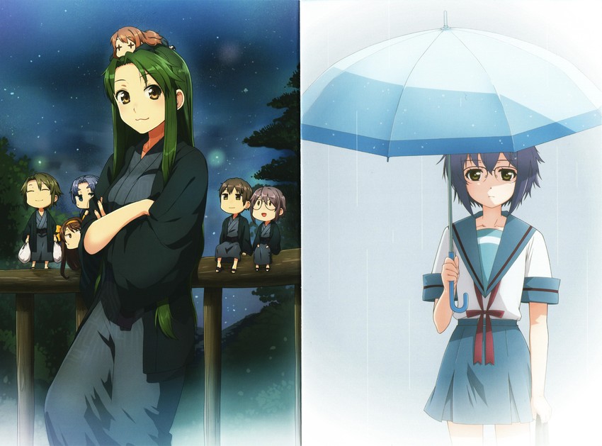 suzumiya haruhi, nagato yuki, asahina mikuru, kyon, asakura ryoko, and 2 more (suzumiya haruhi no yuuutsu and 2 more)
