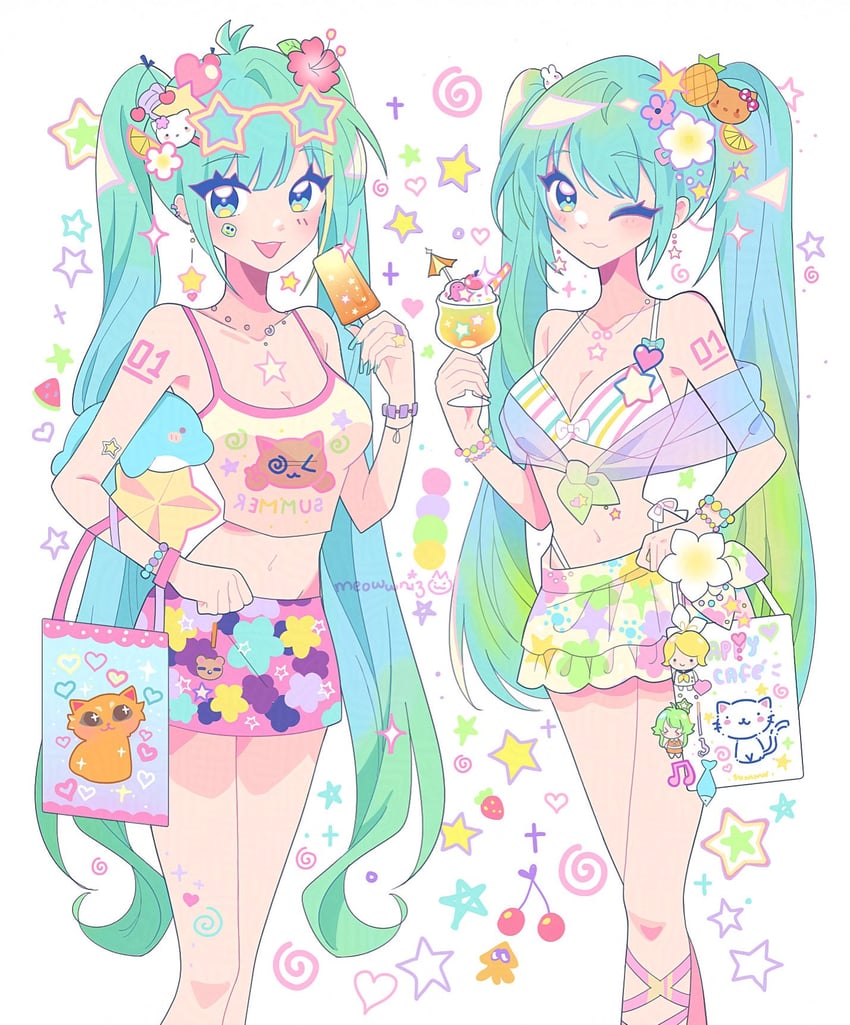hatsune miku, kagamine rin, inkling player character, gumi, and hello kitty (vocaloid and 3 more) drawn by meowwniz