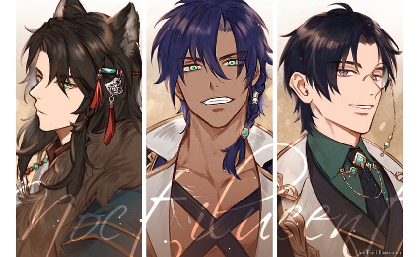 delos, xiel, and owyn (noctilucent: before dawn) drawn by mukopino