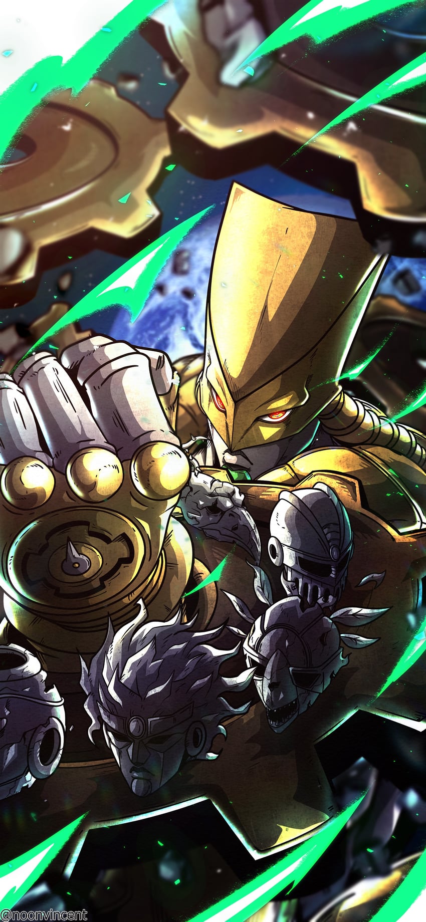 star platinum, the world, hierophant green, silver chariot, magician's red, and 1 more (jojo no kimyou na bouken and 1 more) drawn by noonvincent