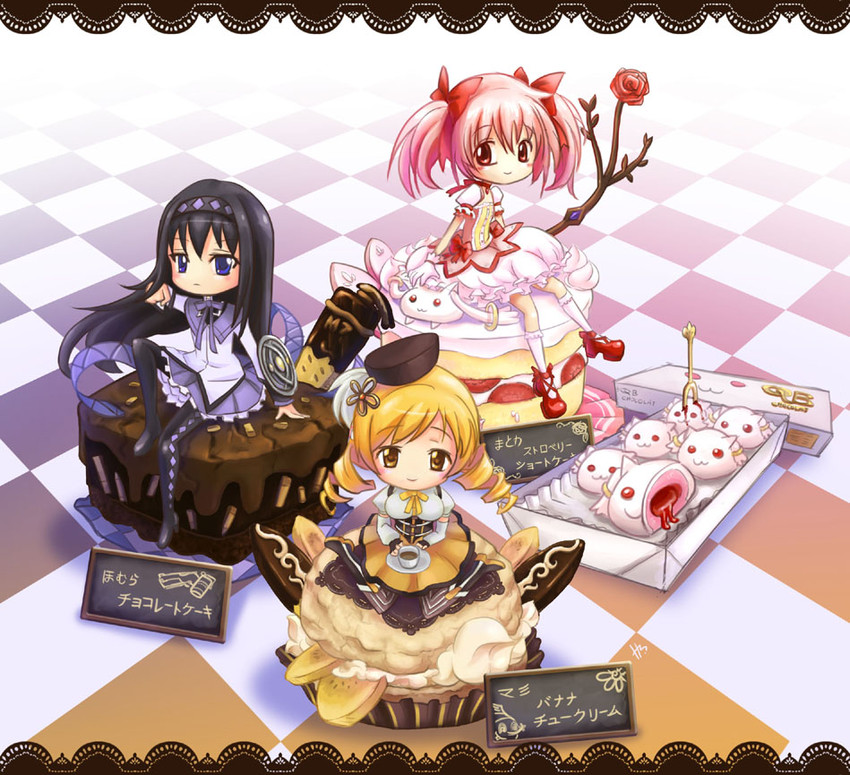 akemi homura, kaname madoka, tomoe mami, and kyubey (mahou shoujo madoka magica) drawn by hm_(hmongt)
