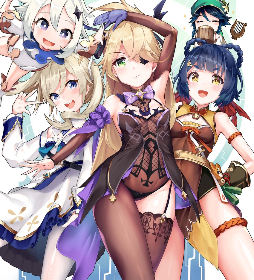 venti, paimon, fischl, barbara, xiangling, and 1 more (genshin impact) drawn by mogmog