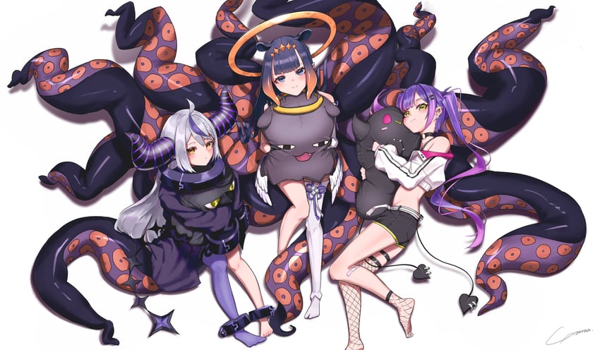 ninomae ina'nis, tokoyami towa, la+ darknesss, takodachi, bibi, and 1 more (hololive and 1 more) drawn by yo_na