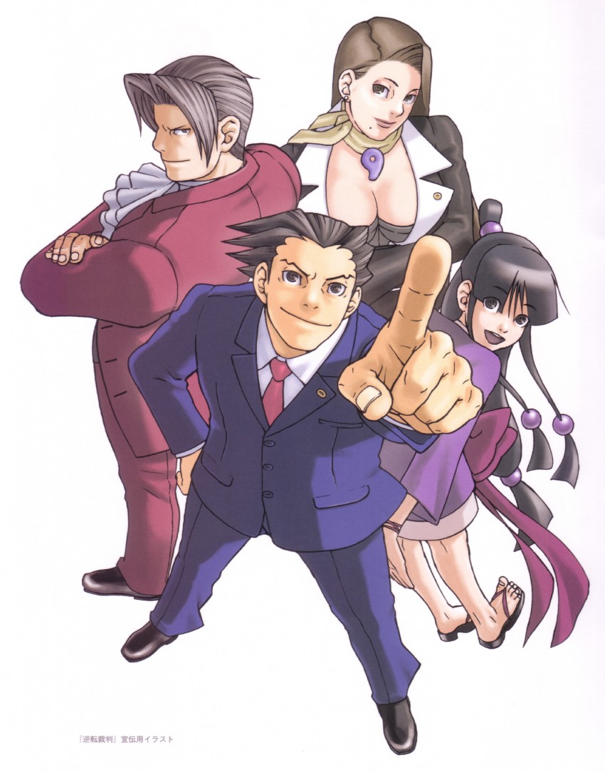 phoenix wright, miles edgeworth, maya fey, and mia fey (ace attorney and 1 more) drawn by edaki_shin'ya