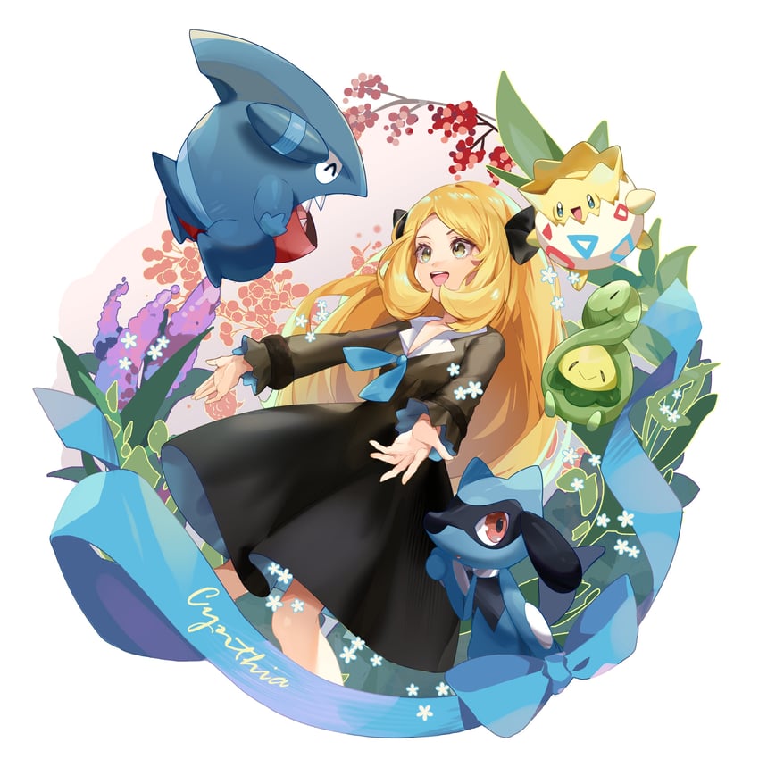cynthia, togepi, riolu, gible, and budew (pokemon and 1 more) drawn by sapphire_ethu