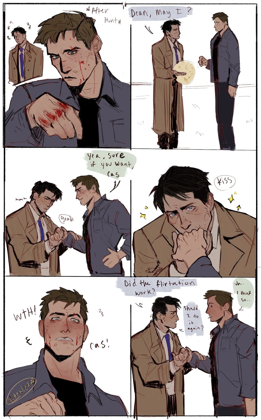 castiel and dean winchester (supernatural) drawn by frijolebean