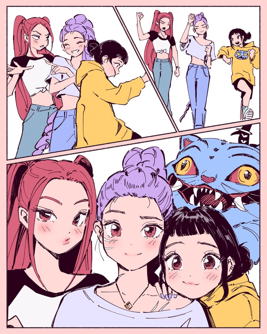 rumi, zoey, mira, derpy, and sussie (kpop demon hunters) drawn by polo_tokki