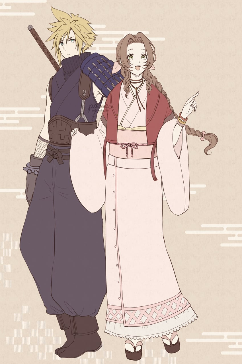 cloud strife and aerith gainsborough (final fantasy and 2 more) drawn by ancotsubu