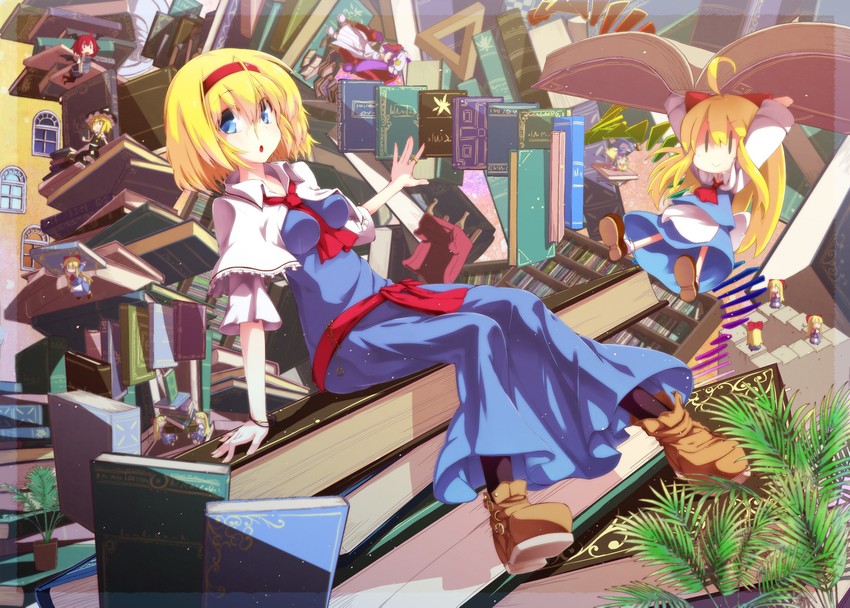kirisame marisa, alice margatroid, patchouli knowledge, koakuma, and shanghai doll (touhou) drawn by yuuki._(limit)