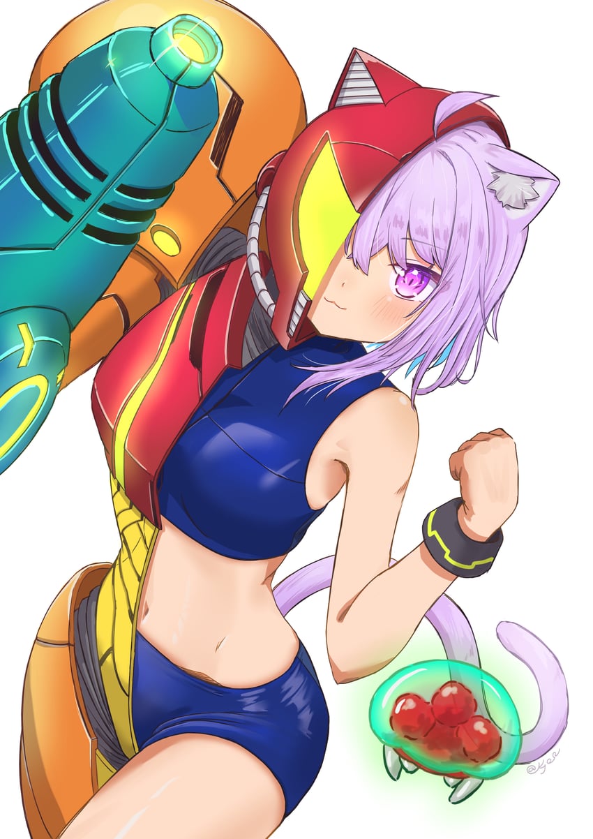 nekomata okayu, samus aran, metroid, and metroid larva (hololive and 4 more) drawn by kyo_se