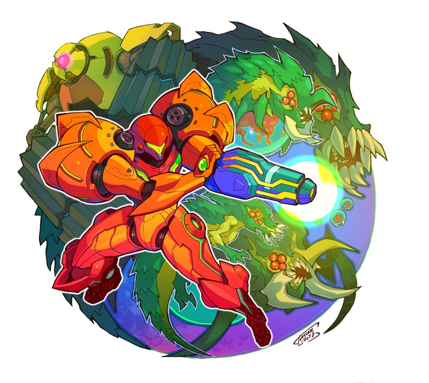 samus aran, metroid, metroid larva, gamma metroid, zeta metroid, and 3 more (metroid and 1 more) drawn by tomycase