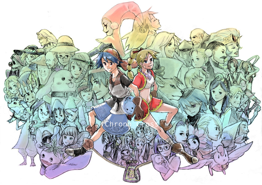 lucca ashtear, kid, serge, harle, leena, and 42 more (chrono trigger and 1 more) drawn by ponyozou