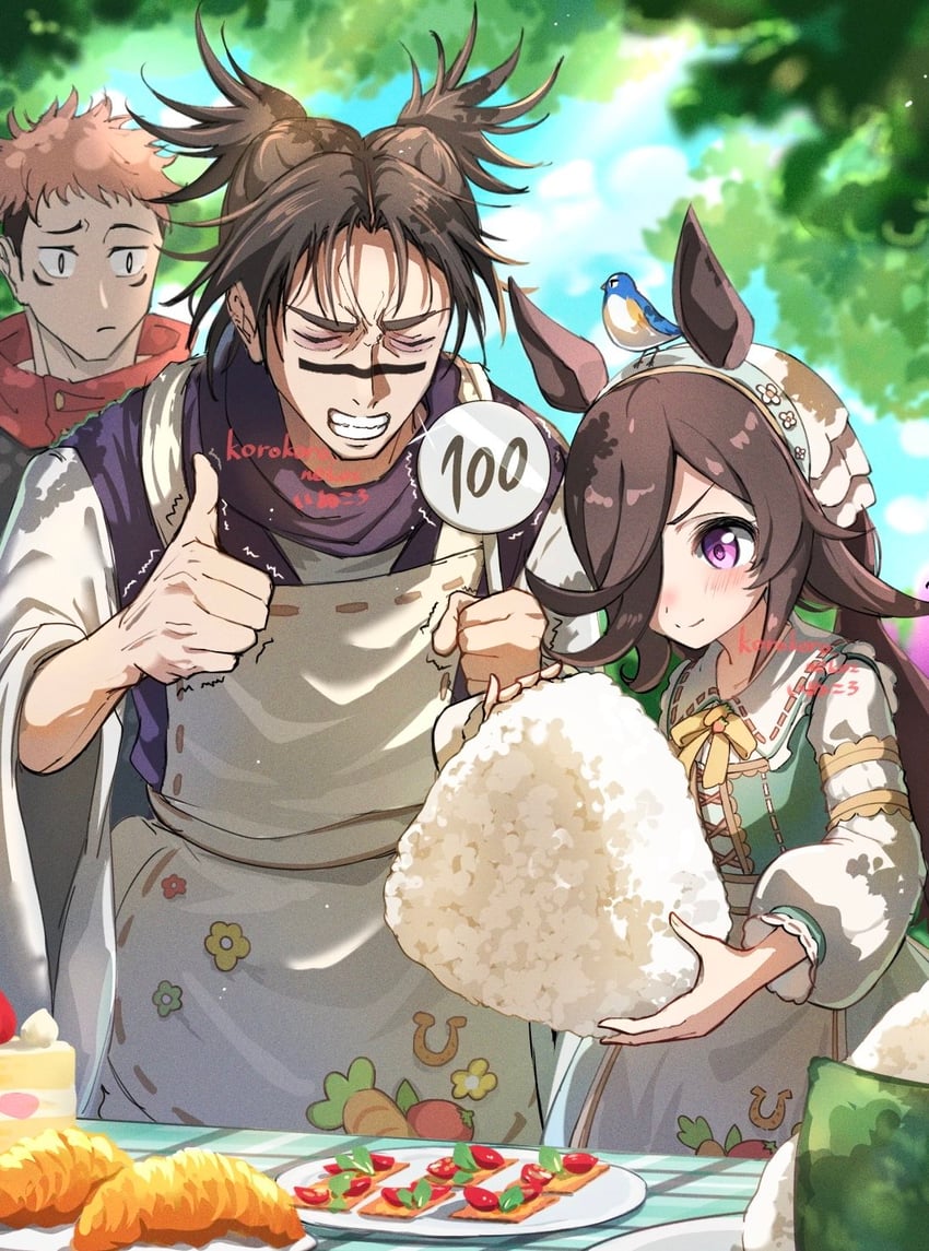 rice shower, itadori yuuji, and choso (umamusume and 1 more) drawn by korokoro_nekoz
