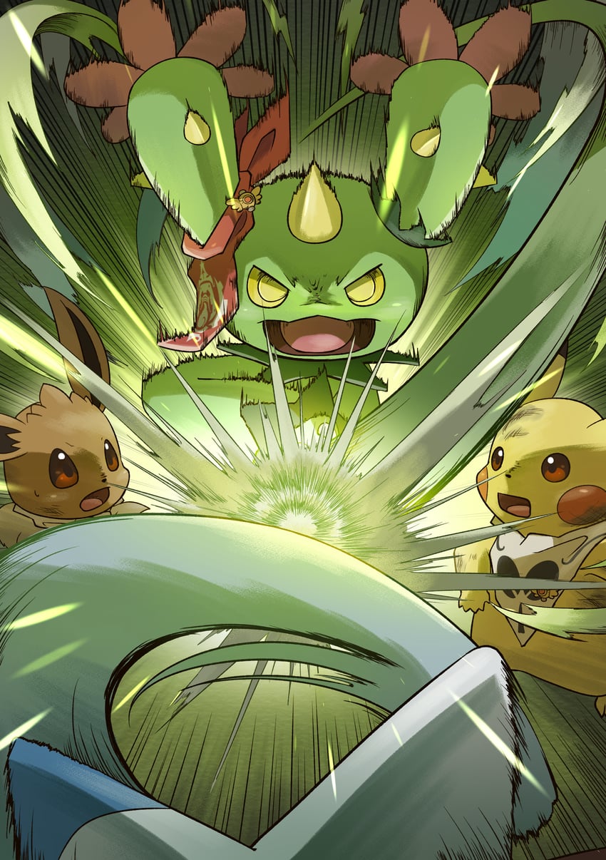 pikachu, eevee, and maractus (pokemon and 1 more) drawn by yamaori_(hakkentai_pokedan)