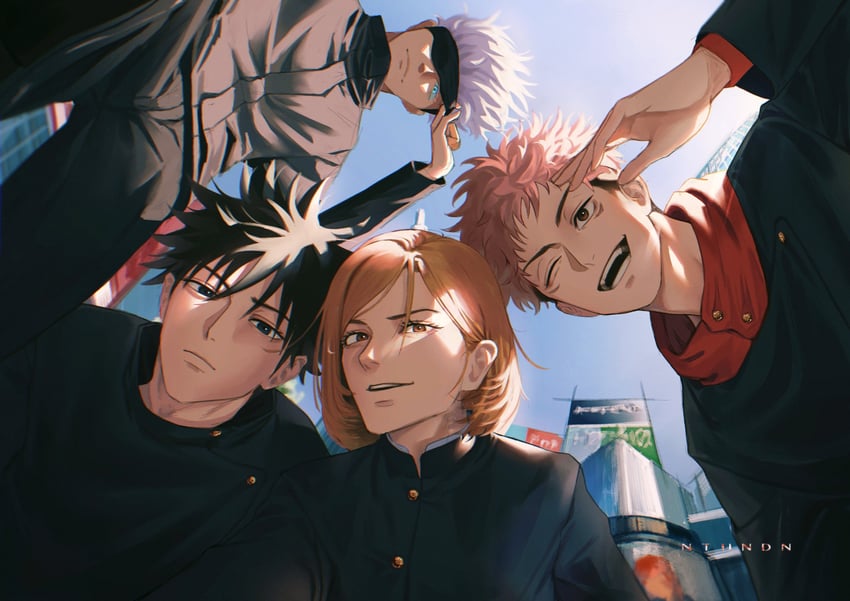 gojou satoru, itadori yuuji, fushiguro megumi, and kugisaki nobara (jujutsu kaisen) drawn by nthndn