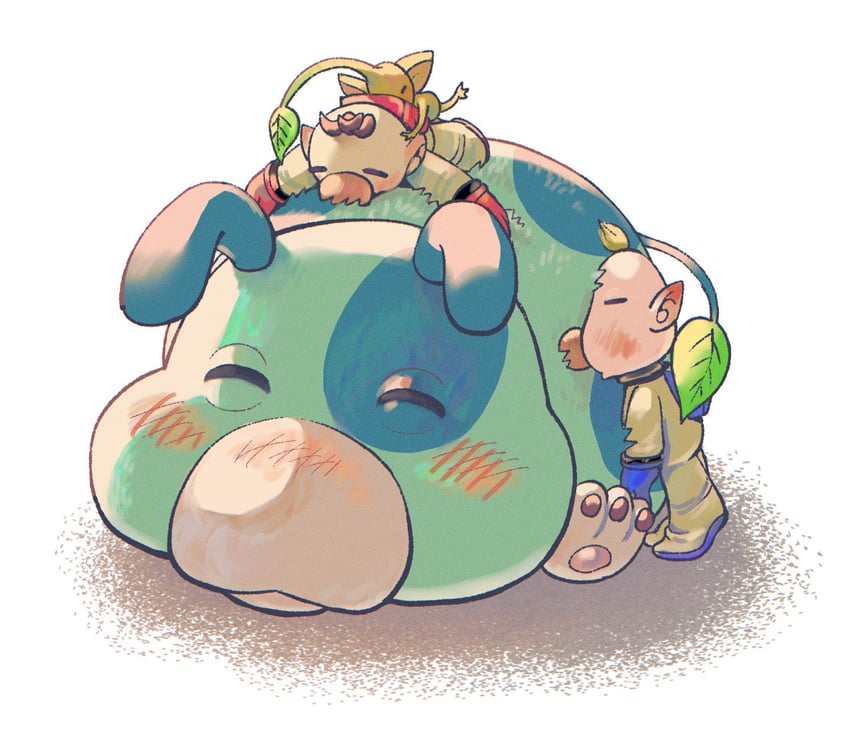 olimar, yellow pikmin, louie, and moss (pikmin) drawn by asaikaina