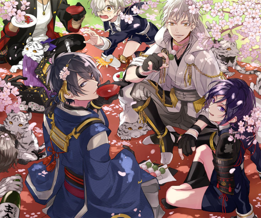 mikazuki munechika, tsurumaru kuninaga, yagen toushirou, gokotai, heshikiri hasebe, and 2 more (touken ranbu) drawn by chigira