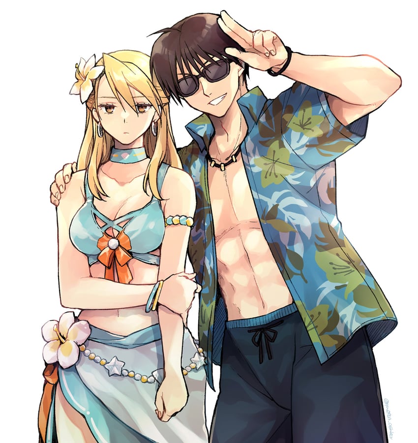 riza hawkeye and roy mustang (fullmetal alchemist and 1 more) drawn by takafuji_yuna