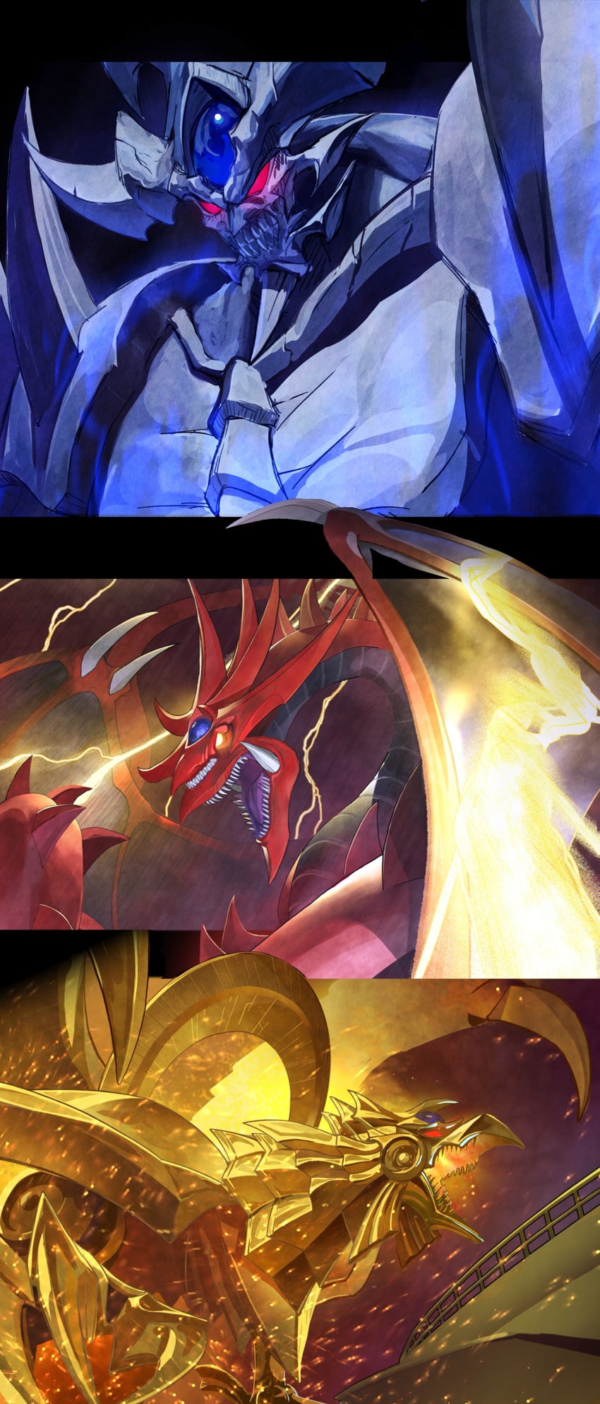 osiris the sky dragon, the winged dragon of ra, and obelisk the tormentor (yu-gi-oh!) drawn by sukehachi