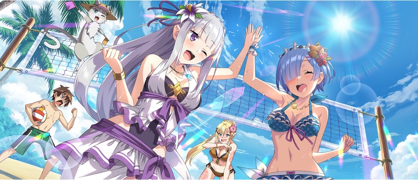 rem, emilia, darkness, satou kazuma, and puck (kono subarashii sekai ni shukufuku wo! and 2 more)