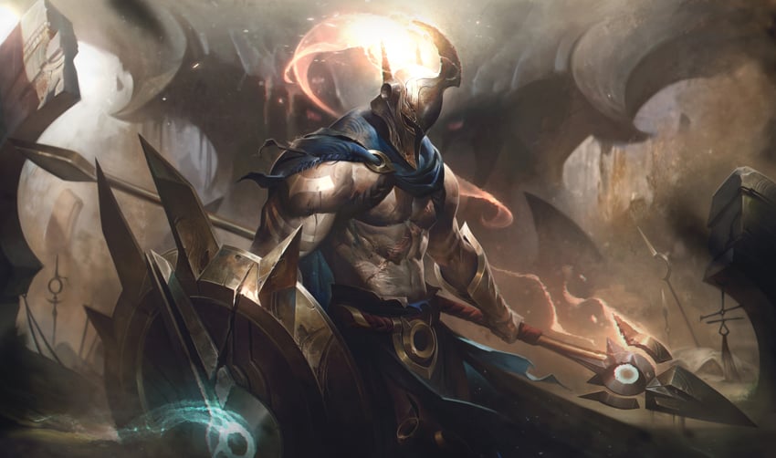 pantheon and aatrox (league of legends) drawn by alex_flores