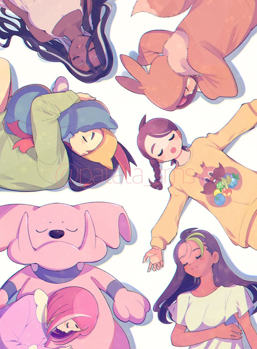 eevee, juliana, carmine, nemona, penny, and 5 more (pokemon and 1 more) drawn by patata_sms
