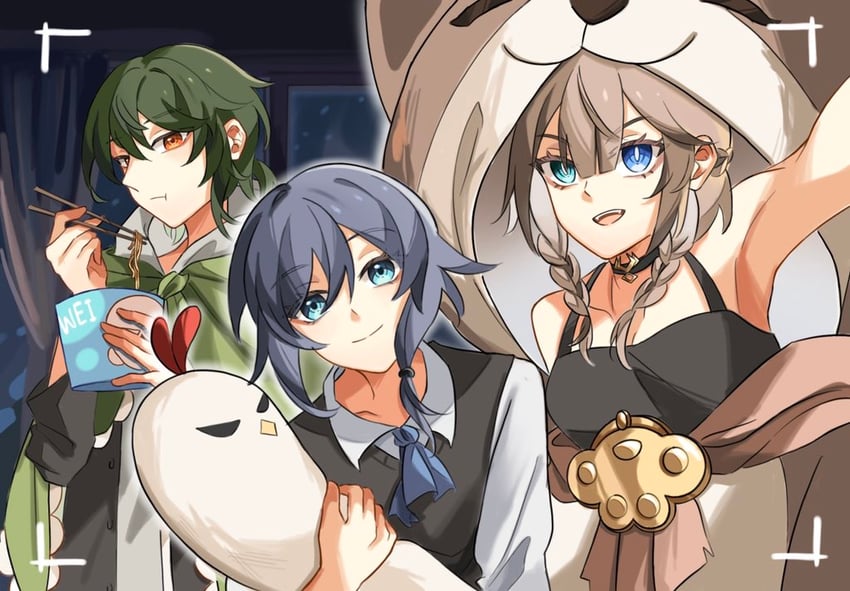 fu hua, jingwei, pardofelis, and kosma (honkai and 1 more) drawn by blue_(bluespring1513)