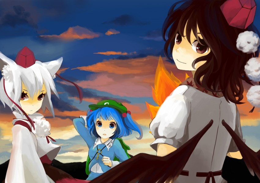 shameimaru aya, inubashiri momiji, and kawashiro nitori (touhou) drawn by miyatajiji