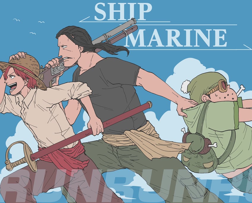 shanks, benn beckman, and lucky roux (one piece) drawn by ram3988