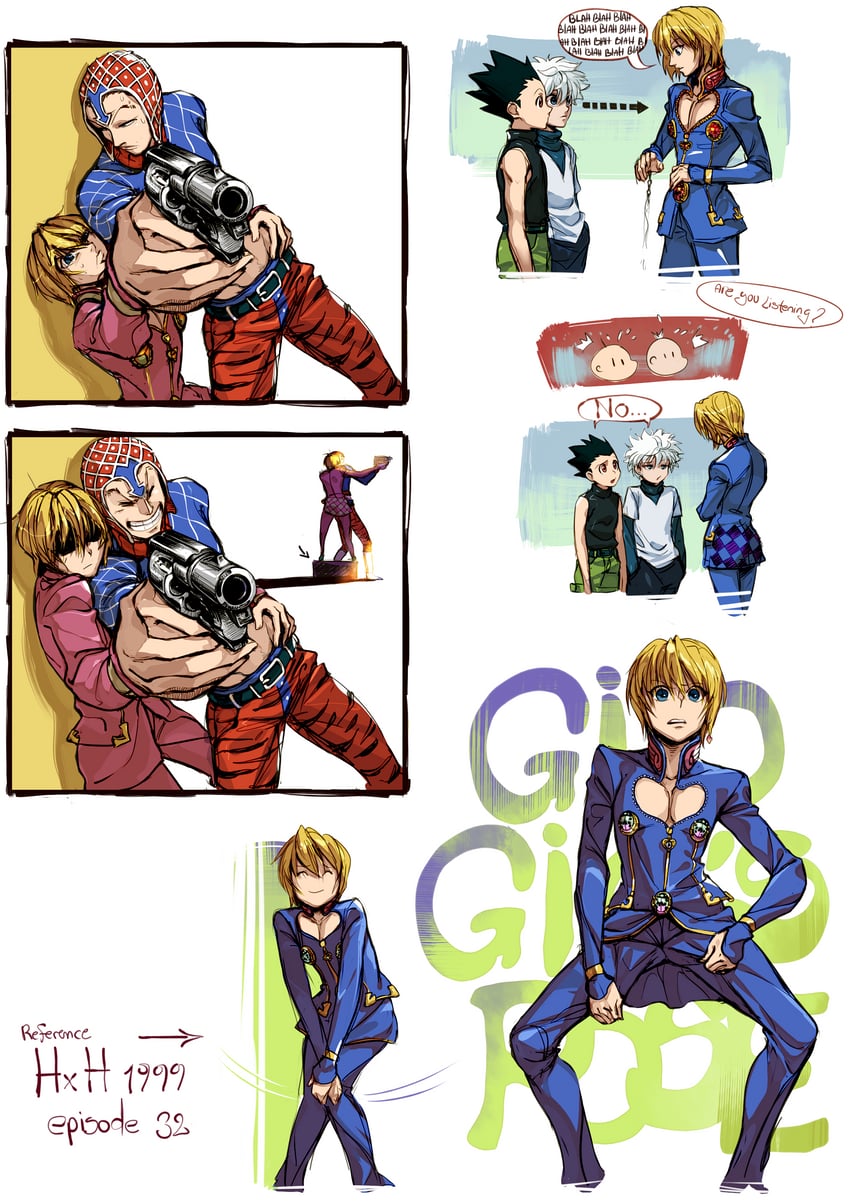 giorno giovanna, killua zoldyck, kurapika, guido mista, and gon freecss (jojo no kimyou na bouken and 2 more) drawn by alderion-al