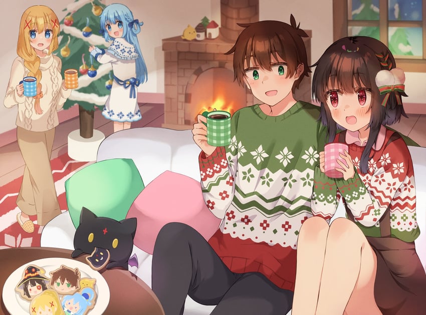 megumin, aqua, darkness, satou kazuma, and chomusuke (kono subarashii sekai ni shukufuku wo!) drawn by yuno_(suke_yuno)