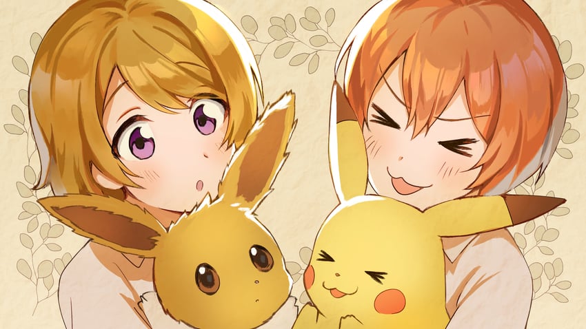 pikachu, eevee, hoshizora rin, and koizumi hanayo (pokemon and 2 more) drawn by naarann