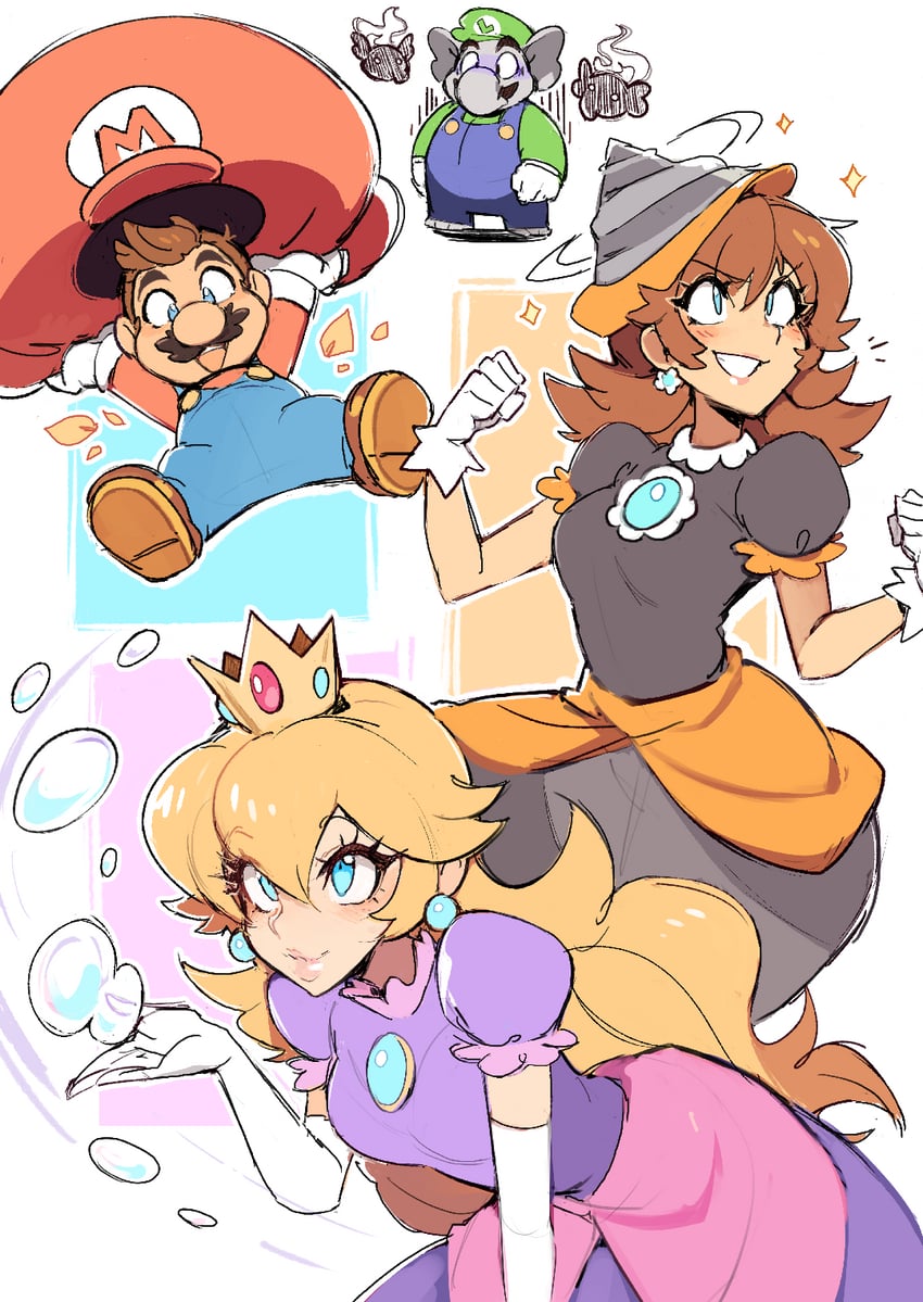 princess peach, mario, luigi, princess daisy, elephant luigi, and 2 more (mario and 1 more) drawn by almightychiru