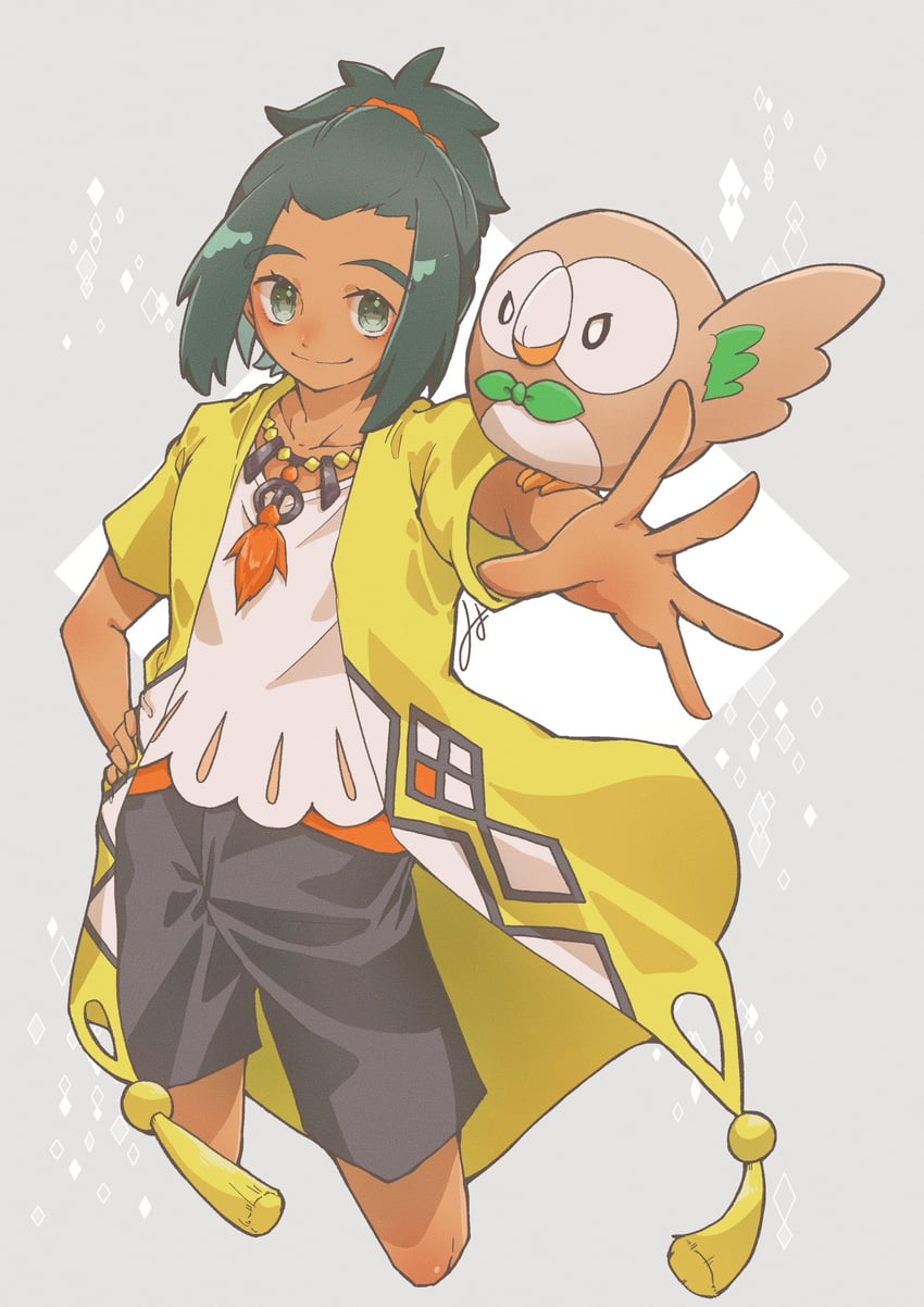 rowlet and hau (pokemon and 1 more) drawn by miyopippi