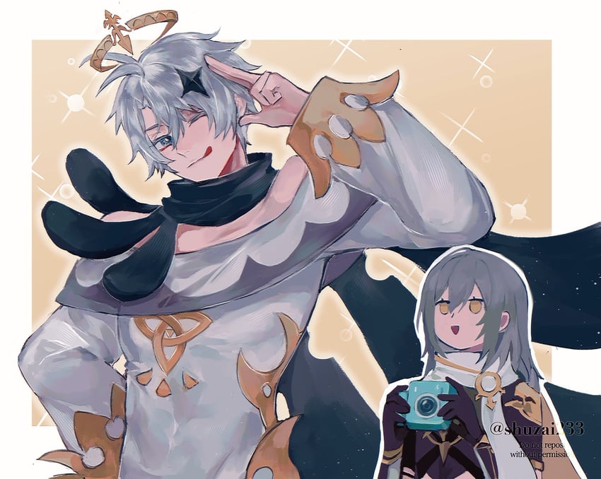 trailblazer, aether, stelle, paimon, and phainon (genshin impact and 3 more) drawn by shuzai233