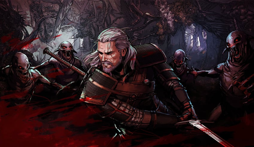 geralt of rivia and nekker (the witcher) drawn by yama_orce