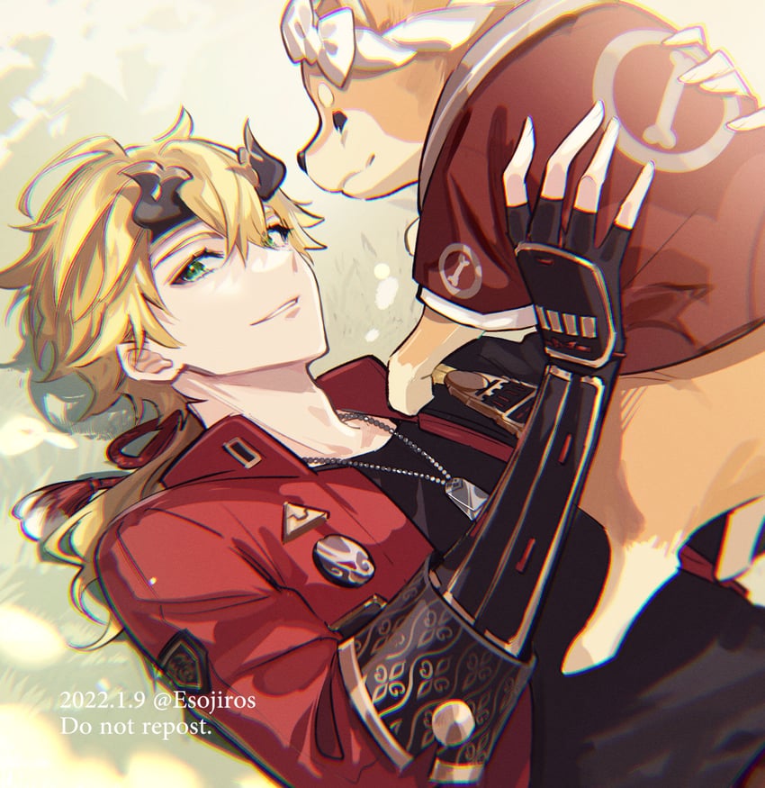 thoma and taroumaru (genshin impact) drawn by amaichi_esora