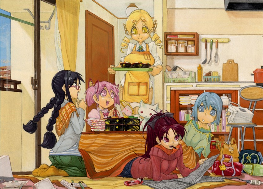 akemi homura, kaname madoka, miki sayaka, sakura kyoko, tomoe mami, and 1 more (mahou shoujo madoka magica) drawn by mamorunokoto