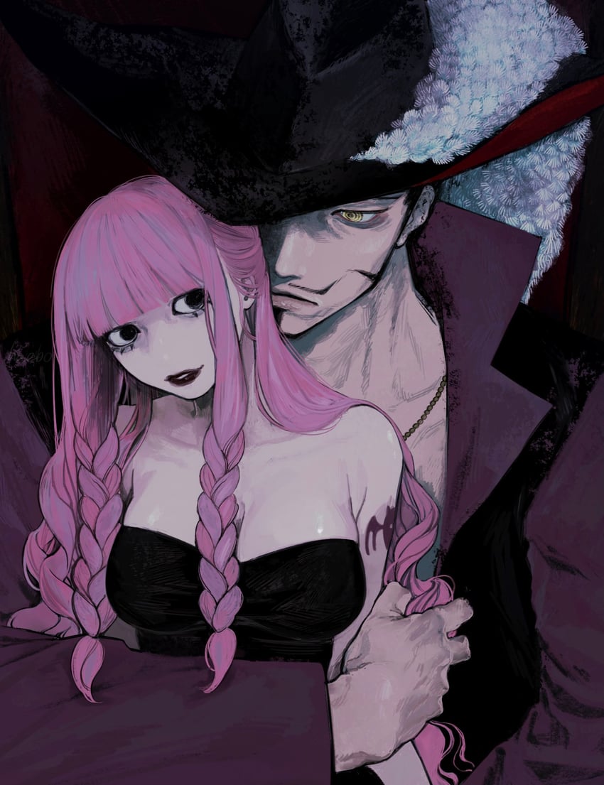 perona and dracule mihawk (one piece) drawn by haebo_fa