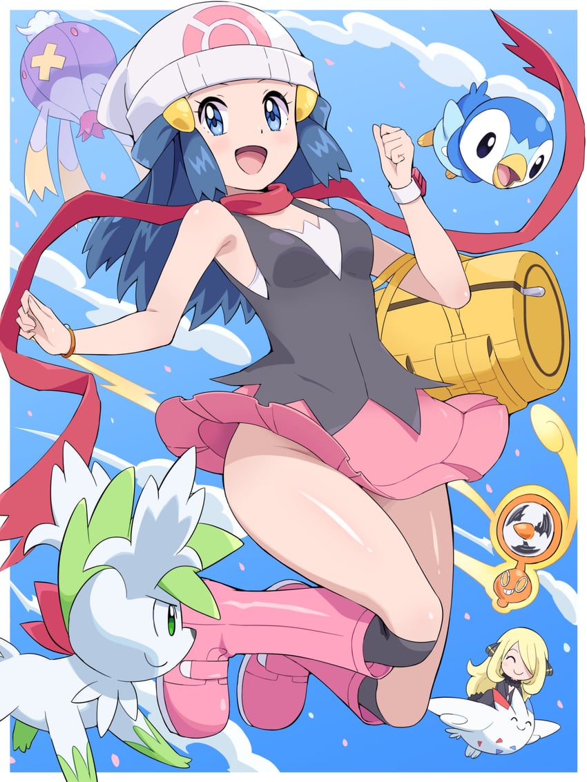 dawn, cynthia, rotom, piplup, shaymin, and 2 more (pokemon and 1 more) drawn by pokemoa