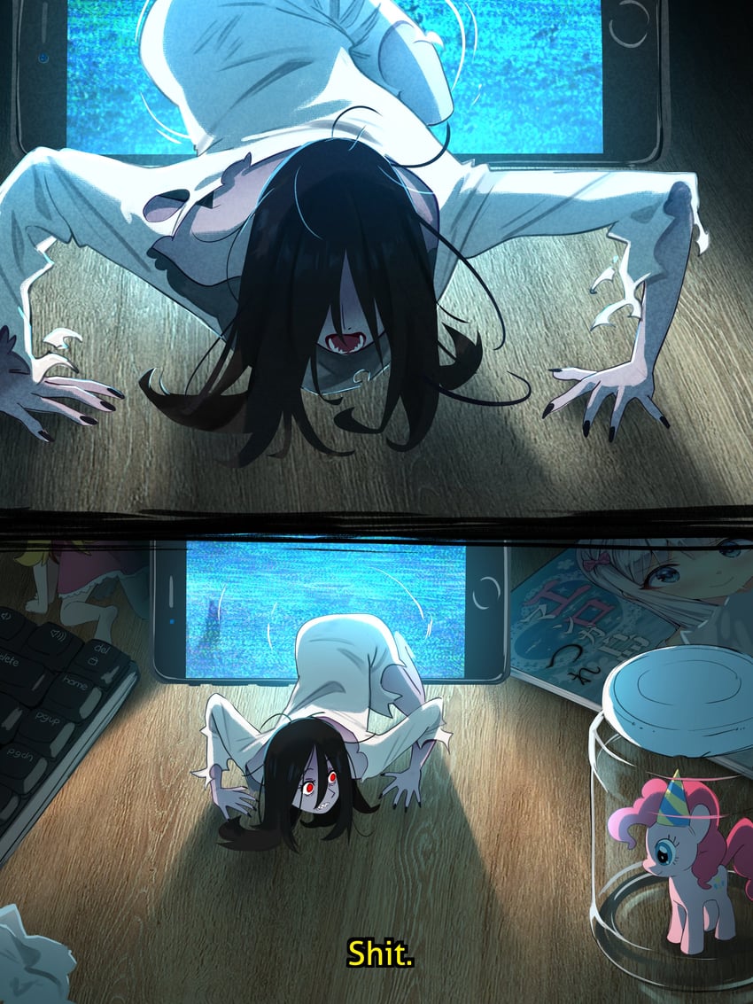 oshino shinobu, izumi sagiri, yamamura sadako, and pinkie pie (monogatari and 3 more) drawn by khyle.
